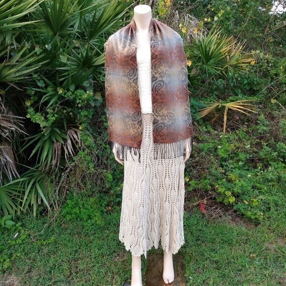 NWOT CEJON Gray, Tan & Brown Paisley 100% Acrylic Made in Italy Scarf Wrap - Picture 9 of 9